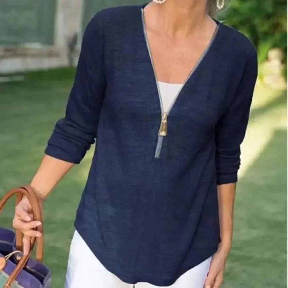 Soft Surroundings XS Navy Blue Gold Valentina Knit 1/4 Zip Long Sleeve Sweater